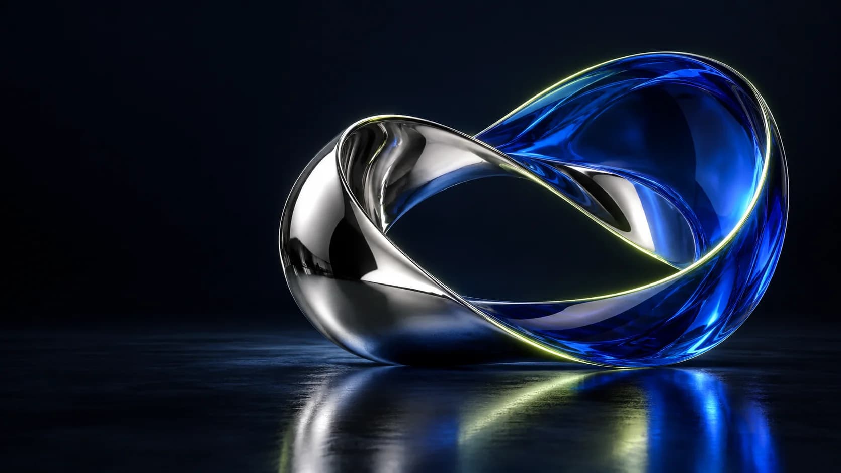 Sculptural chrome and cobalt loop, shaped by light