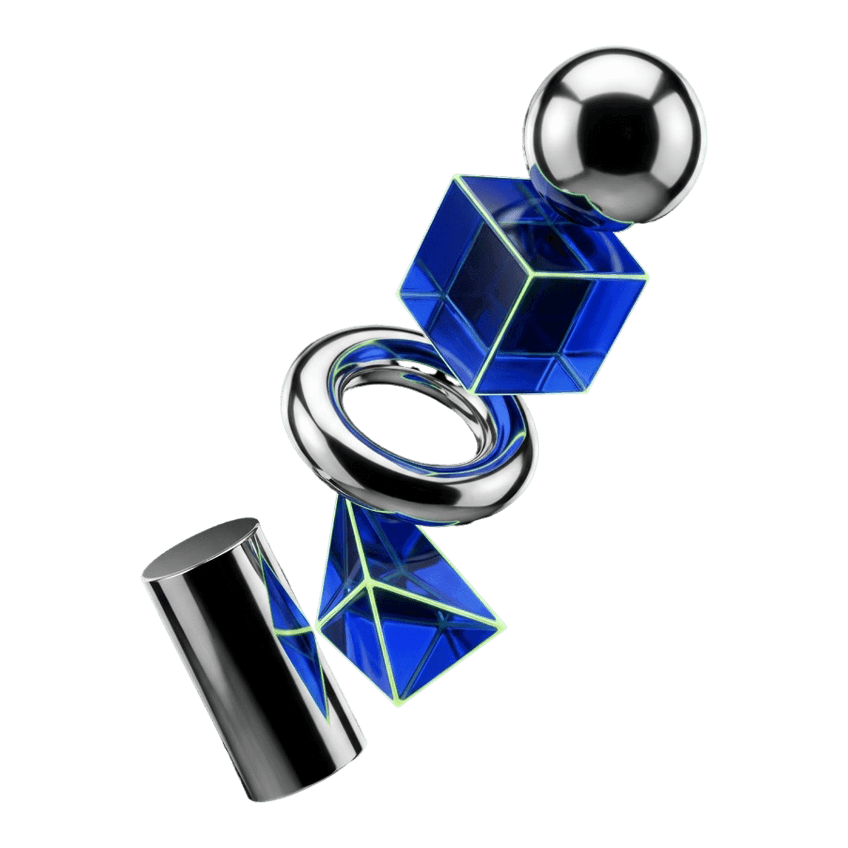 Five chrome and cobalt glass solids, one for each discipline